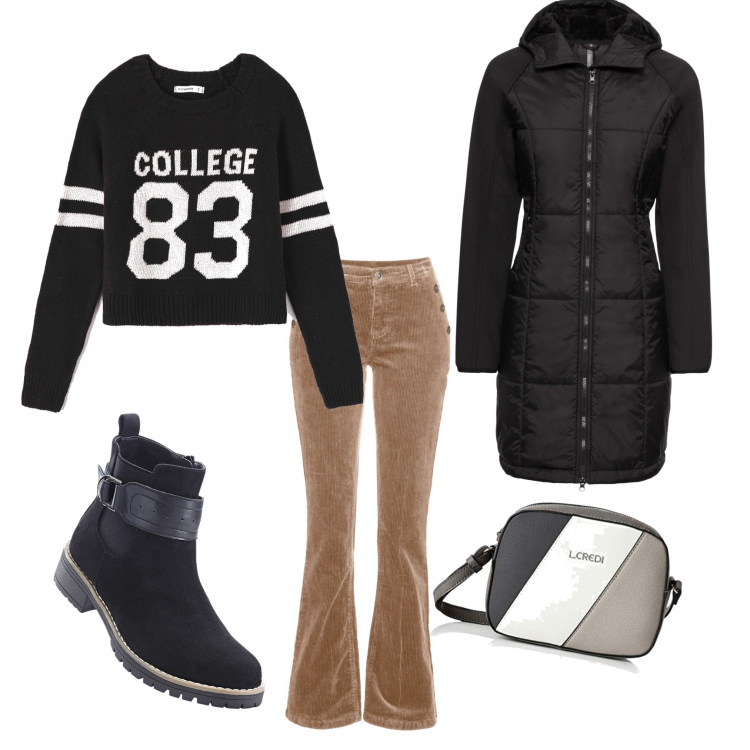 Outfit donna - Free day. per Scuola/Università. Abbinamento con stivaletti, pantalone bootcut in velluto elasticizzato marrone, giubbotto manica raglan con cappuccio e zip nero, maglione, borsa a tracolla.
