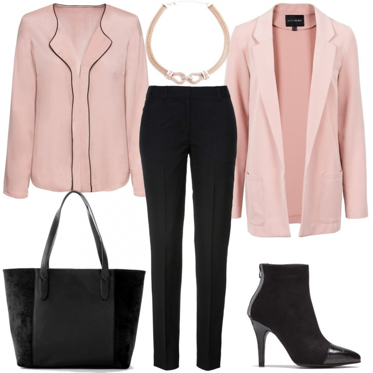 Outfit donna - Rosa bon ton. Stile Bon Ton per Ufficio. Abbinamento con vestiti corti, shopping bag, camicie, pantaloni, stivaletti, collana con strass oro.