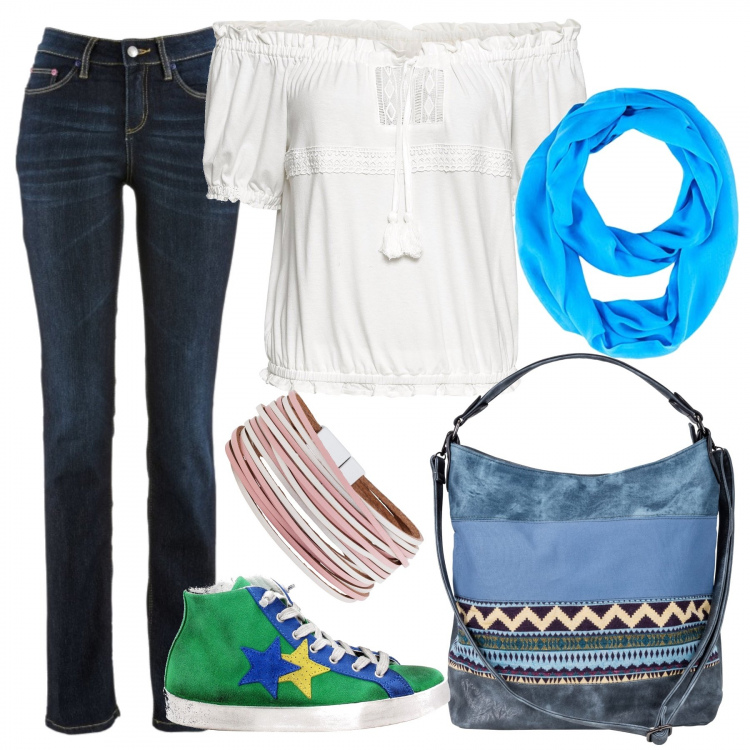 Outfit donna - Basic #1014. Stile Basic per Tutti i giorni. Abbinamento con jeans dritti, shopping bag, maglia con ricamo bianco, braccialetto, sneakers, cappello taglia unica blu.