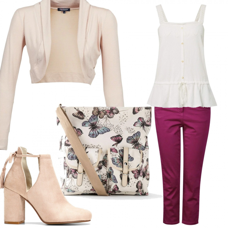 Outfit donna - La tracolla con le farfalle. Stile Bon Ton per Tutti i giorni. Abbinamento con borse a tracolla, stivaletti, gilet, pantalone rosa, vestaglie.