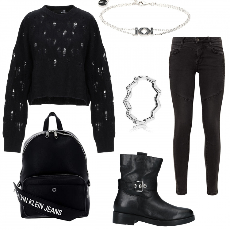 Outfit donna - Biker black. Stile Rock per Scuola/Università. Abbinamento con pullover, stivaletti, braccialetto, zaino nero, anelli, jeans skinny.