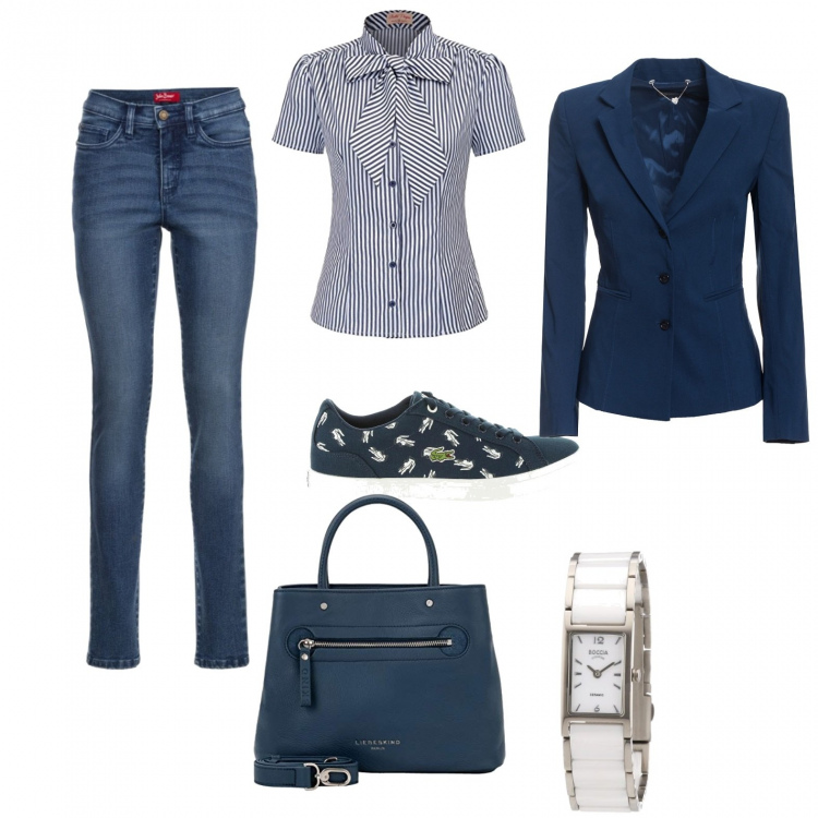 Outfit donna - Basic #1036. Stile Basic per Tutti i giorni. Abbinamento con jeans slim fit, giacca blu, camicie a manica corta, scarpa sportiva, orologi, borse a cartella.