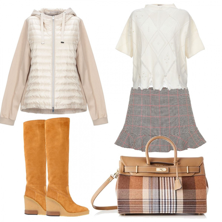Outfit donna - Minigonna e stivali. Stile Trendy per Tutti i giorni. Abbinamento con stivali, piumini, gonna, borse a mano.