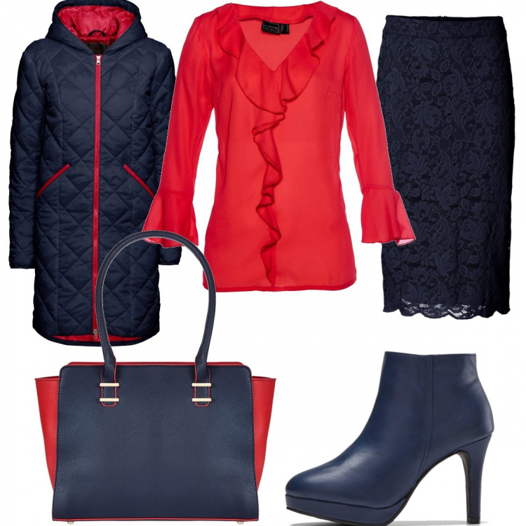 Outfit donna - Red and blue. Stile Bon Ton per Ufficio. Abbinamento con blazer, gonne longuette, bluse, stivaletti, borsa a mano.