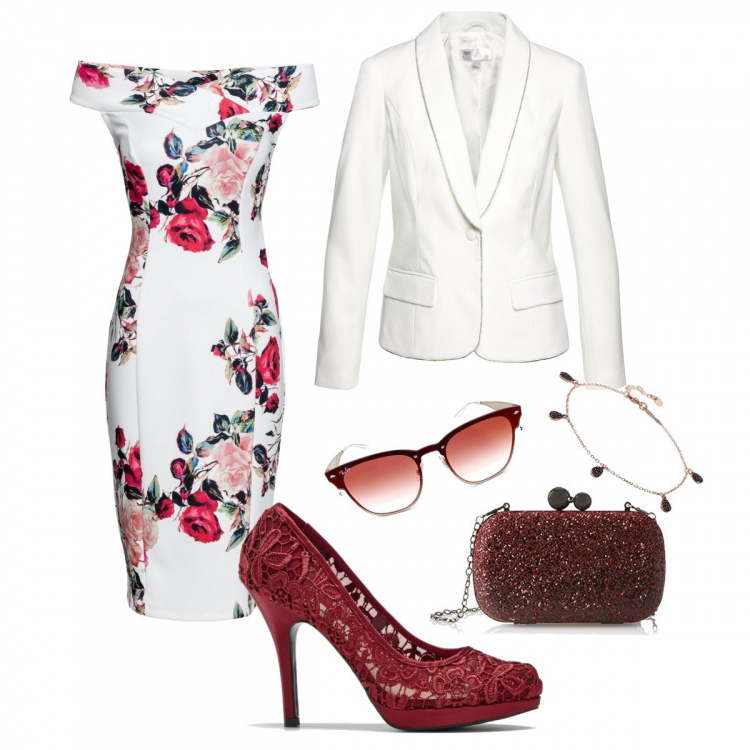 Outfit donna - Sbocciano le rose. Stile Sexy per Cerimonia. Abbinamento con braccialetti, vestiti lunghi, vestiti, blazer con strass bianco, clutch, occhiali da sole unisex-adulto marrone.