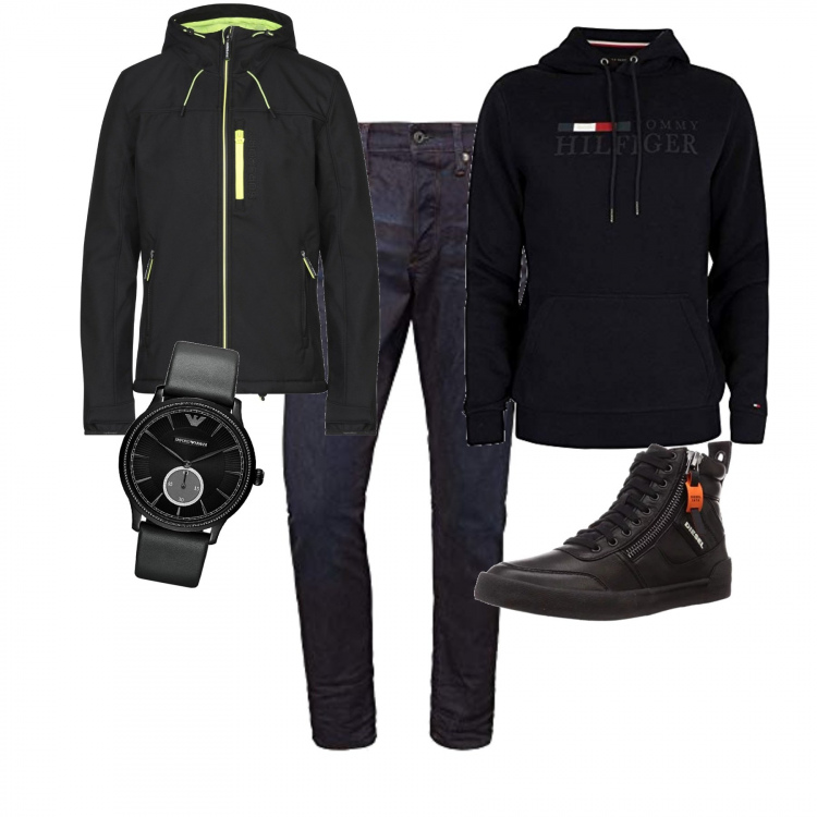 Outfit uomo - Grigliata di carne in campagna. Stile Urban per Serata speciale. Abbinamento con cappotti, felpa con cappuccio, sneakers, orologio con cinturino nero e grigio, jeans taglio dritto in denim affusolato blu.