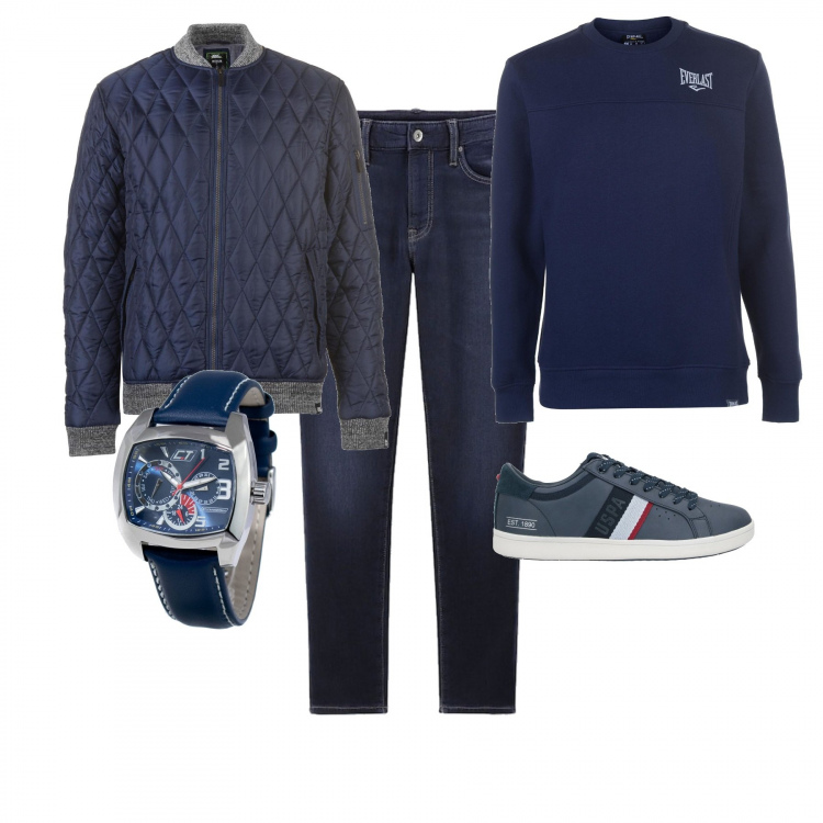 Outfit uomo - Grigliata di pesce con gli amici. Stile Urban per Serata speciale. Abbinamento con sneakers, felpa sportiva, bomber, orologi, tuta con coulisse in denim.
