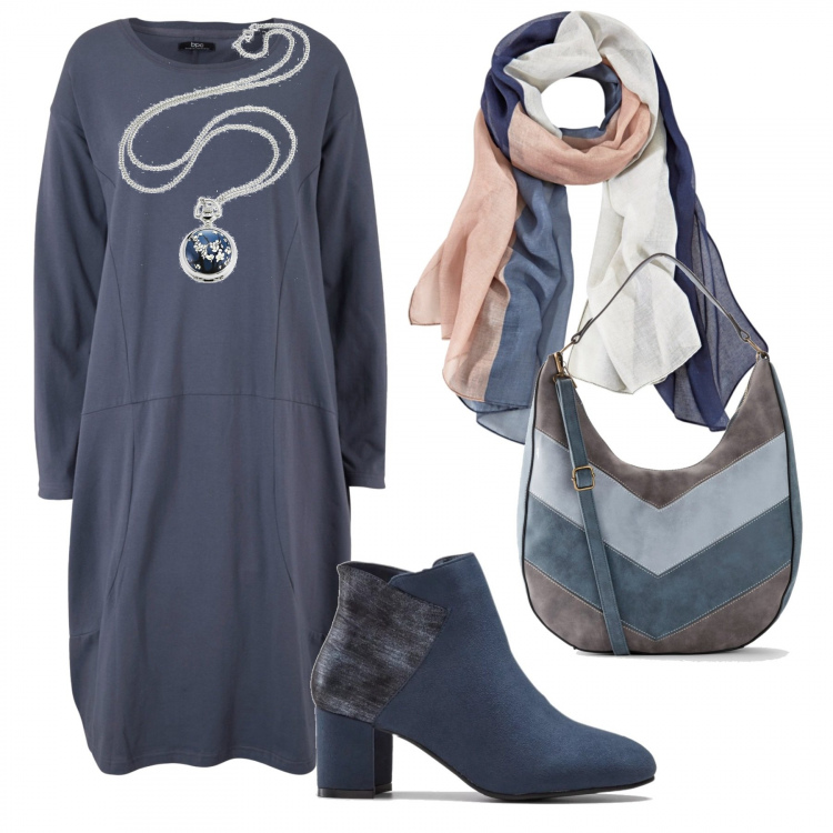 Outfit donna - Il maxi vestito. Stile Urban per Tutti i giorni. Abbinamento con vestiti, borse a mano, stivaletti, collane, sciarpe.