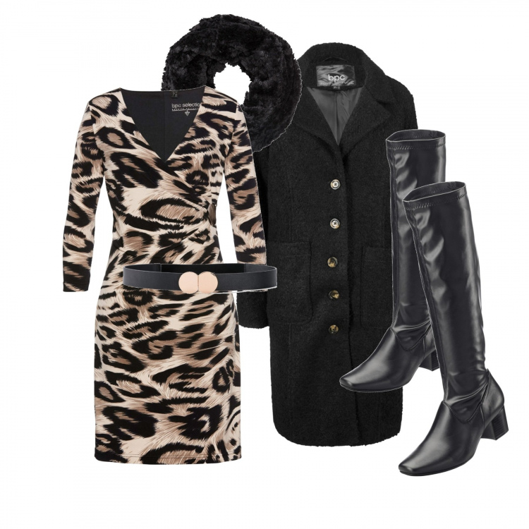 Outfit donna - Il vestito animalier in saldo. Stile Trendy per Tutti i giorni. Abbinamento con stivali, vestiti, cinture, sciarpa, blazer.