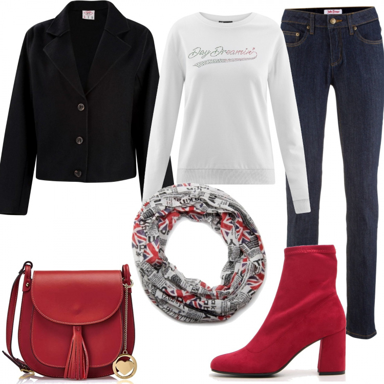 Outfit donna - Rosso & Nero low-cost. Stile Basic per Tutti i giorni. Abbinamento con jeans skinny, felpe, cappotti, stivaletti, borse a spalla, foulard.