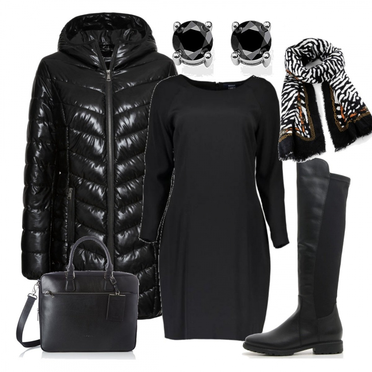 Outfit donna - Ufficio in total black. Stile Trendy per Tutti i giorni. Abbinamento con giacche, sciarpina fantasia, stivali e anfibi, vestito corto a maniche lunghe con zip nero, borsa a spalla, orecchini.
