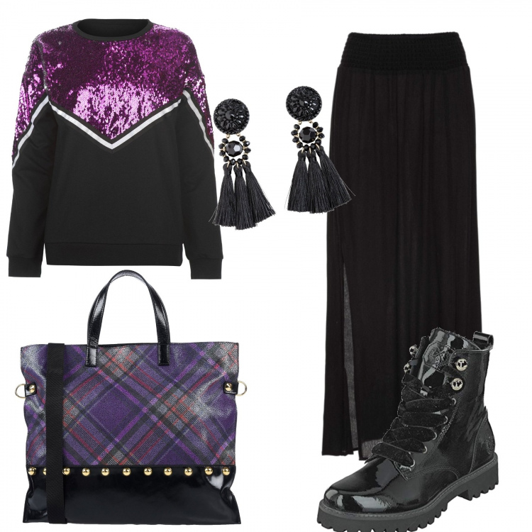 Outfit donna - Low-cost mi sai sempre stupire. Stile Urban per Tutti i giorni. Abbinamento con gonne lunghe, maglieria, borsa a mano con stampa taglia media con zip interno foderato in pelle con tasca interna, felpa, stivali.