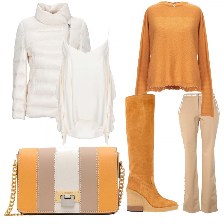 Outfit donna - Beige, bianco e arancione. Stile Urban per Tutti i giorni. Abbinamento con stivali, pantaloni, piumini, pullover, top, borse a spalla.