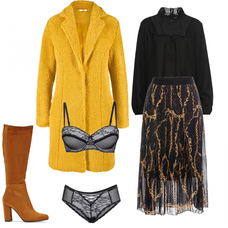 Outfit donna - Trendy #1870. Stile Trendy per Serata fuori. Abbinamento con sneakers, cappotti, gonna longuette, reggiseni a balconcino, stivali.