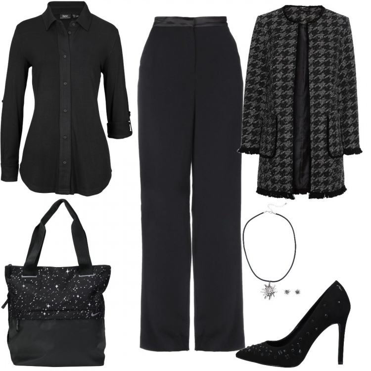 Outfit donna - Tavolo di lavoro chic. Stile Chic per Ufficio. Abbinamento con camicie, blazer, ciondoli, pantalone lungo, borsa a mano maxi con zip in tessuto tecnico tinta unita, décolleté.