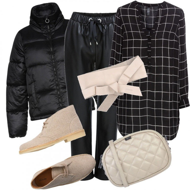 Outfit donna - Le clarks son tornate. Stile Basic per Tutti i giorni. Abbinamento con bluse, maglieria, cinture, stivaletti senza tacco con punta tonda tinta unita, piumino collo alto a maniche lunghe con zip interno imbottito in tessuto tecnico tinta unita, borsa a tracolla mini con manico effetto laminato con zip tinta unita.