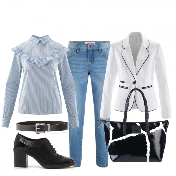 Outfit donna - Marmo striature sulla borsa. Stile Trendy per Tutti i giorni. Abbinamento con vestiti, blazer, jeans dritti, borsa a mano, blusa con volant aderente blu, scarpe stringate.