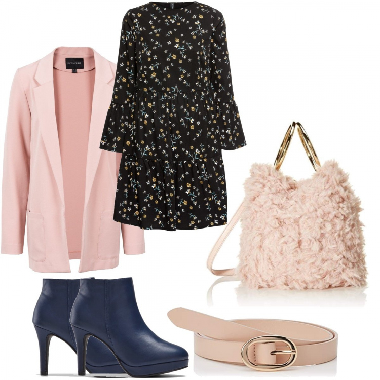 Outfit donna - Low cost aspettando la primavera. Stile Trendy per Ufficio. Abbinamento con vestiti corti, vestiti, stivaletti, borsa a spalla, cintura in pelle rosa.