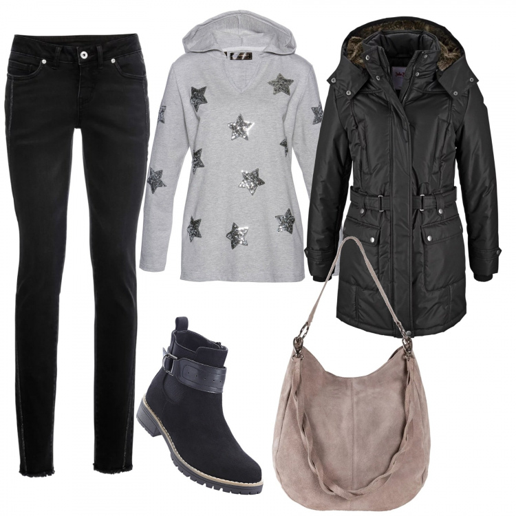 Outfit donna - Saldi Bon Prix /Everyday. Stile Basic per Tutti i giorni. Abbinamento con stivaletti, borse a mano, felpe, jeans in denim nero, piumini.