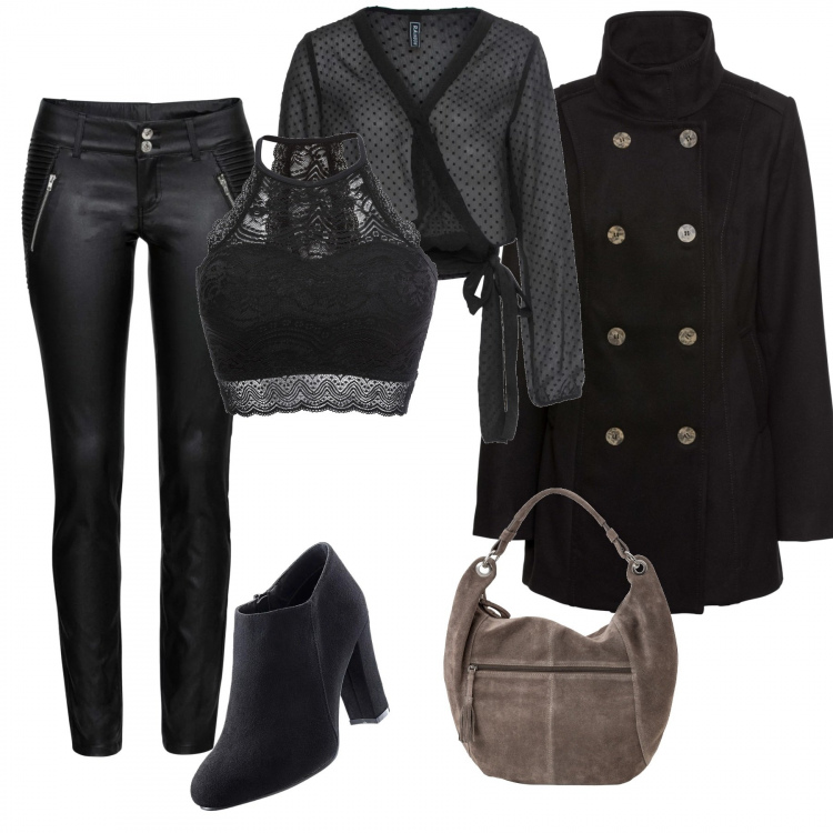 Outfit donna - Saldi Bon Prix /Serata fuori. Stile Rock per Serata fuori. Abbinamento con reggiseni, blusa, pantaloni, caban, tronchetti con zip nero, shopping bag.