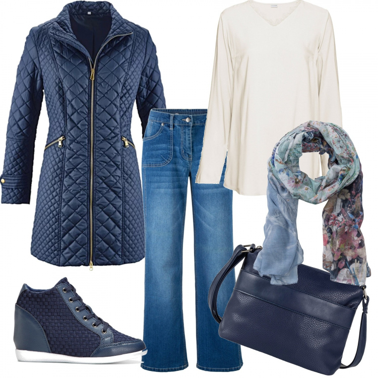 Outfit donna - Blu. Stile Urban per Tutti i giorni. Abbinamento con blazer, jeans, stivaletti, blusa, borse a tracolla, scialli.