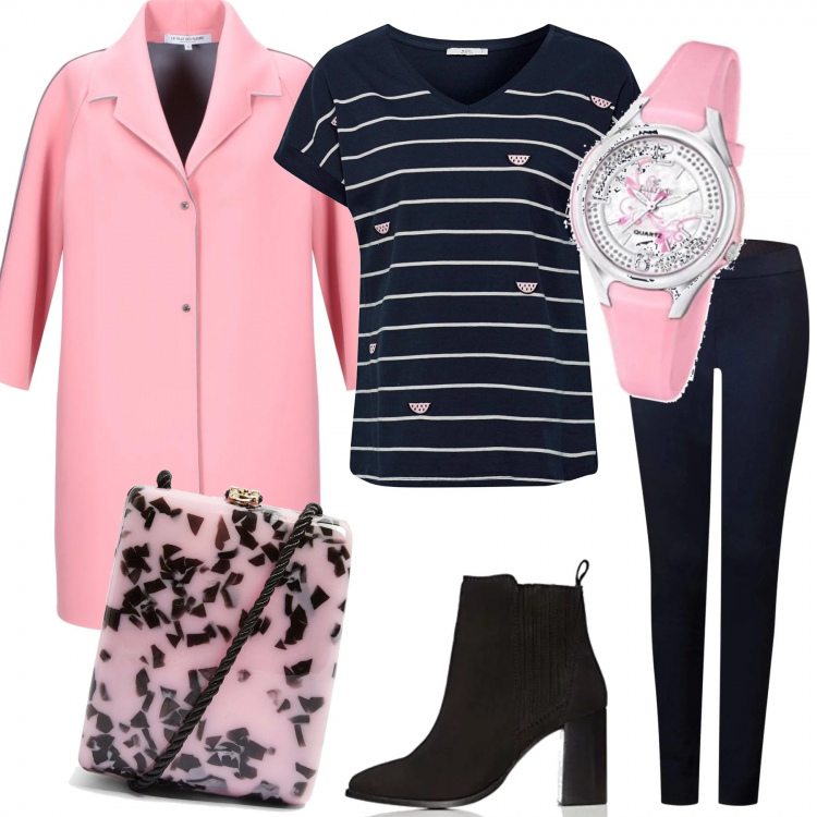 Outfit femme - Pour le travail. Style Bon Ton pour Bureau. Assortir avec pantalone blu, t-shirt navy, sacs en bandoulière, manteaux, trenchs et éco-fourrures, bottes nero, bracciale analogico rosa e nero.