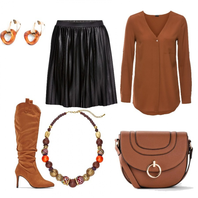 Outfit donna - Saldi bon prix #curvystyle. Stile Trendy per Tutti i giorni. Abbinamento con camicie, gonna plissè elasticizzato nero, top, collane, stivali con zip marrone, vestiti.