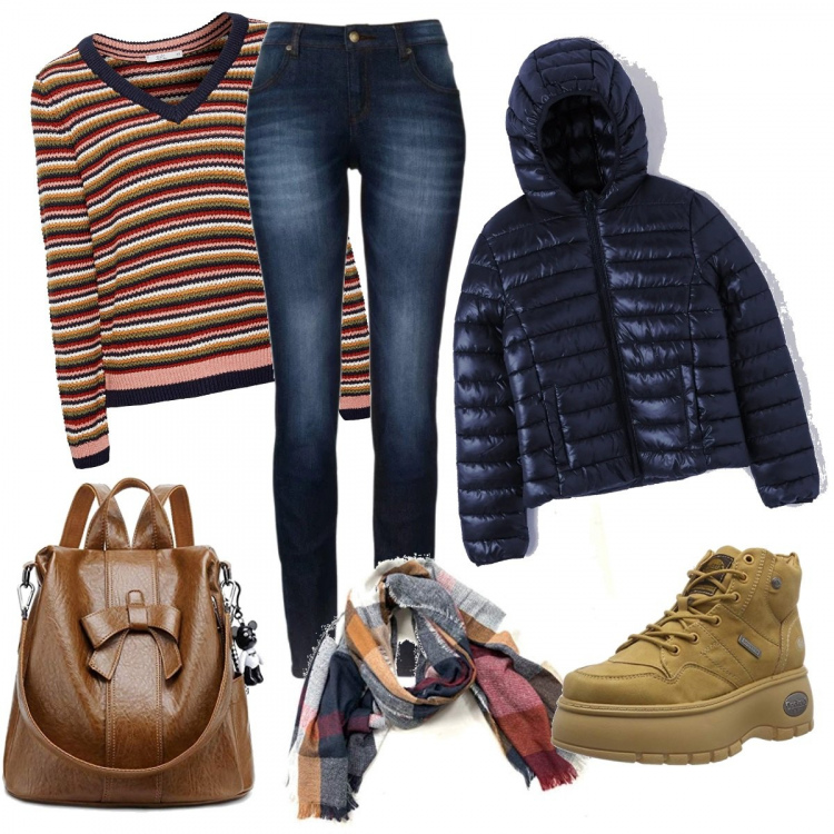 Outfit donna - Pull a righe e sciarpa a quadri. Stile Basic per Scuola/Università. Abbinamento con jeans skinny, cappotti, zaino, scarpa sportiva, felpa, cappelli.