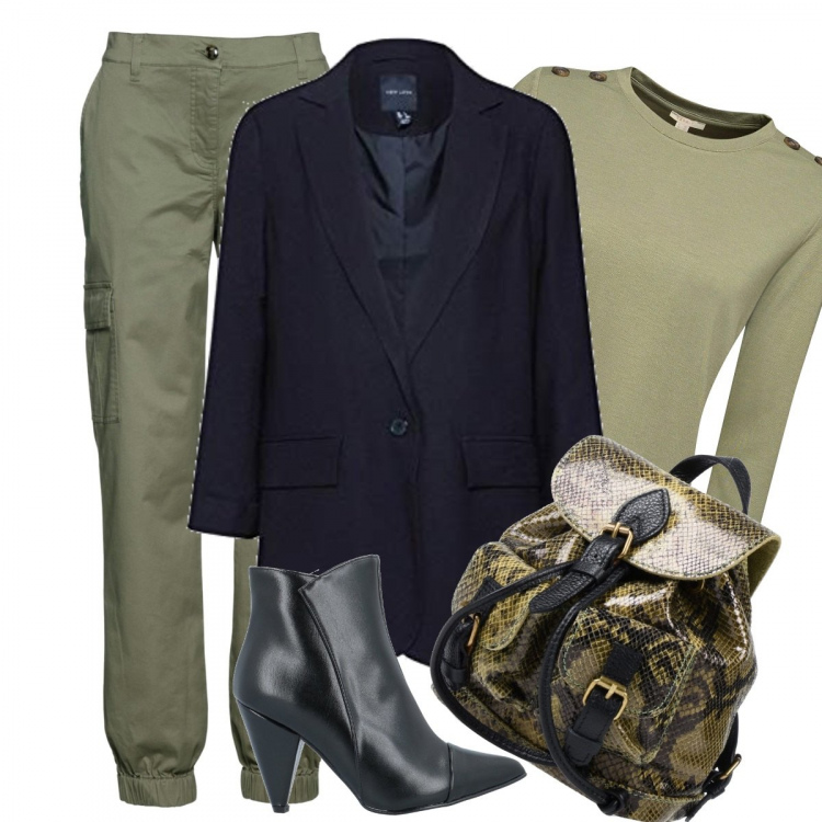 Outfit donna - Blazer e zainetto. Stile Basic per Tutti i giorni. Abbinamento con pantaloni cargo, stivaletti con zip a punta in pelle sintetica tinta unita, borsa, pullovers, blazer.