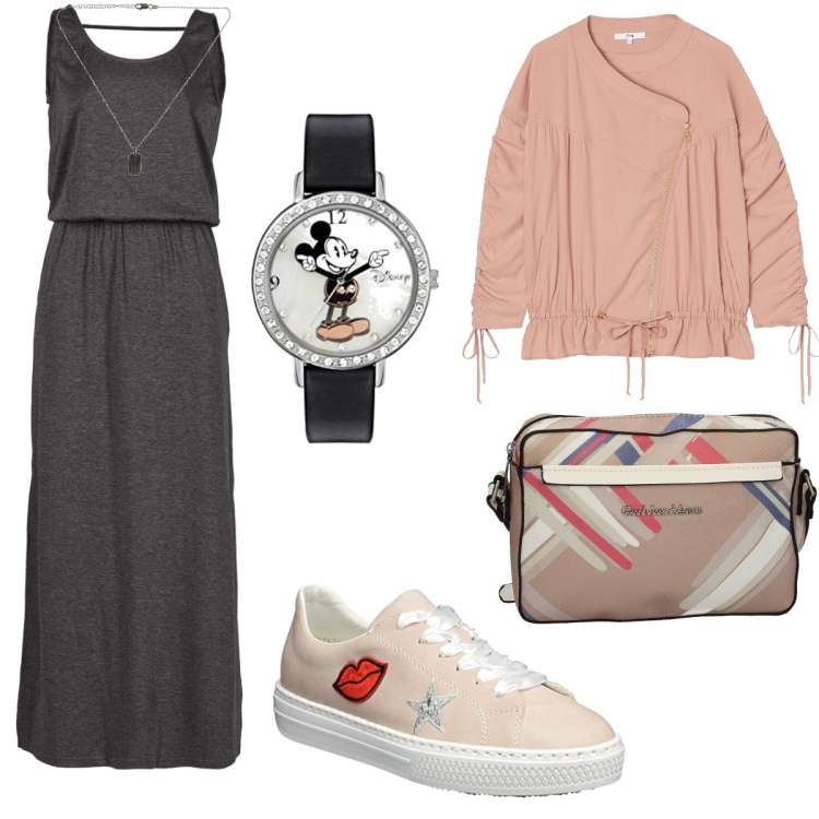 Outfit donna - Tutto meno di 25€!. Stile Basic per Scuola/Università. Abbinamento con vestiti lunghi, borsa a tracolla, collane, blazer, orologio, sneakers.