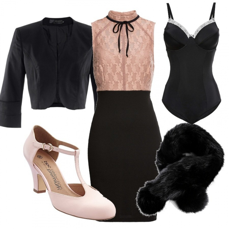 Outfit donna - Elegante e raffinata. Stile Chic per Serata fuori. Abbinamento con vestiti midi/longuette, corpo, décolleté, foulard, bolero.