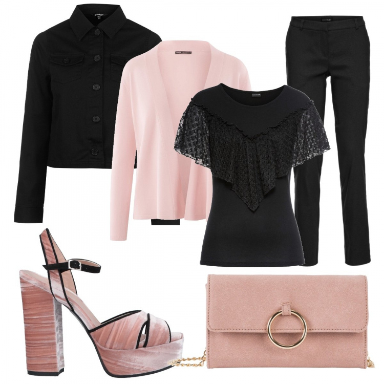 Outfit donna - Rosa nero urban. Stile Bon Ton per Tutti i giorni. Abbinamento con pantaloni, top, pochette, sandali con tacco squadrato e fibbia con punta tonda in velluto tinta unita, cardigans, blazer.