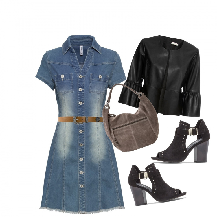 Outfit donna - Serata primaverile. Stile Trendy per Tutti i giorni. Abbinamento con vestiti, stivaletti texani, tronchetti, blazer, shopping bag.