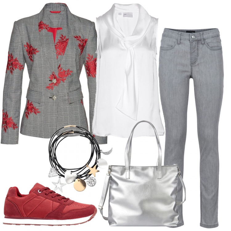 Outfit donna - Giacca e sneakers. Stile Basic per Tutti i giorni. Abbinamento con jeans skinny, blazer, sneakers, top, shopping bag, felpe.