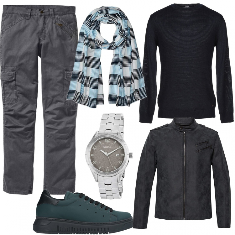Outfit uomo - Casual al lavoro. Stile Casual per Ufficio. Abbinamento con pantaloni cargo, sneakers, pullover senza tasche lavorato a maglia collo tondo a maniche lunghe tinta unita, giacche, orologio, sciarpe.