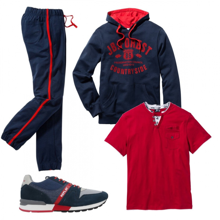 Outfit uomo - Casual #702. Stile Casual per Sport. Abbinamento con felpe con cappuccio, pantaloni, t-shirt rosso, sneakers.