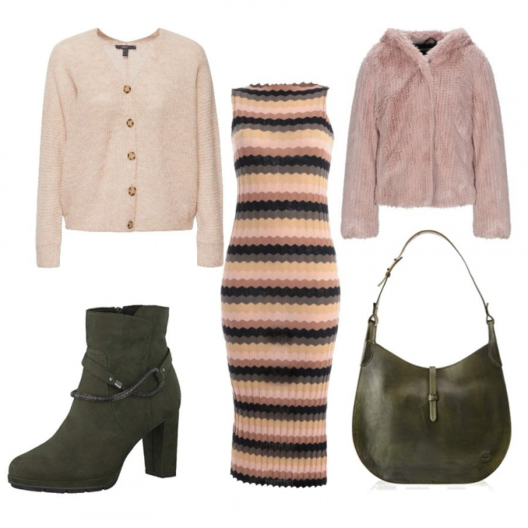 Outfit donna - Abito longuette. Stile Trendy per Tutti i giorni. Abbinamento con vestito longuette a tubino fantasia multicolore lavorato a maglia collo tondo interno sfoderato in cotone, ecopellicce, stivaletti, cardigans, borse a tracolla.