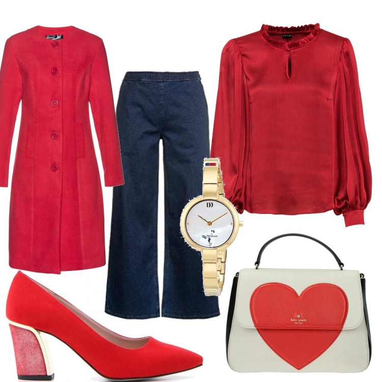 Outfit donna - Rosso come cuore. Stile Rock per Tutti i giorni. Abbinamento con bluse, maglieria, borsa a mano, jeans, décolleté, orologi.