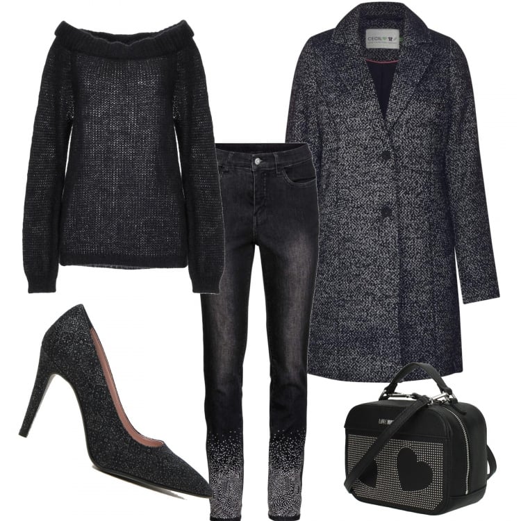 Outfit donna - Décolleté & Jeans. Stile Trendy per Serata fuori. Abbinamento con jeans, pullover, borsa a mano con borchie e logo frontale nero, cappotti, décolleté.