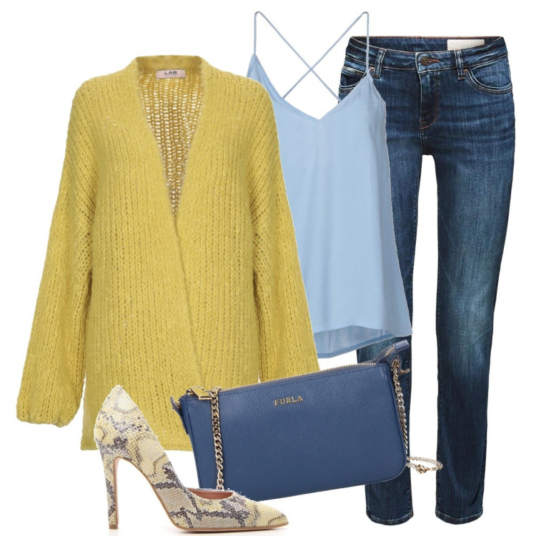 Outfit donna - Tacchi, jeans e cardigan lime. Stile Urban per Tutti i giorni. Abbinamento con cardigan lavorato a maglia scollatura profonda a maniche lunghe in mohair tinta unita, top, borsa a tracolla, jeans, décolleté.