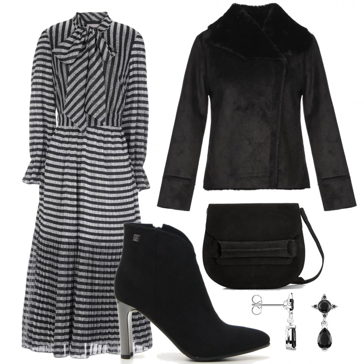 Outfit donna - Il vestito Longuette a righe. Stile Rock per Serata fuori. Abbinamento con vestito longuette lavorato a maglia, giubbotto, stivaletti, pochette nero, orecchini.