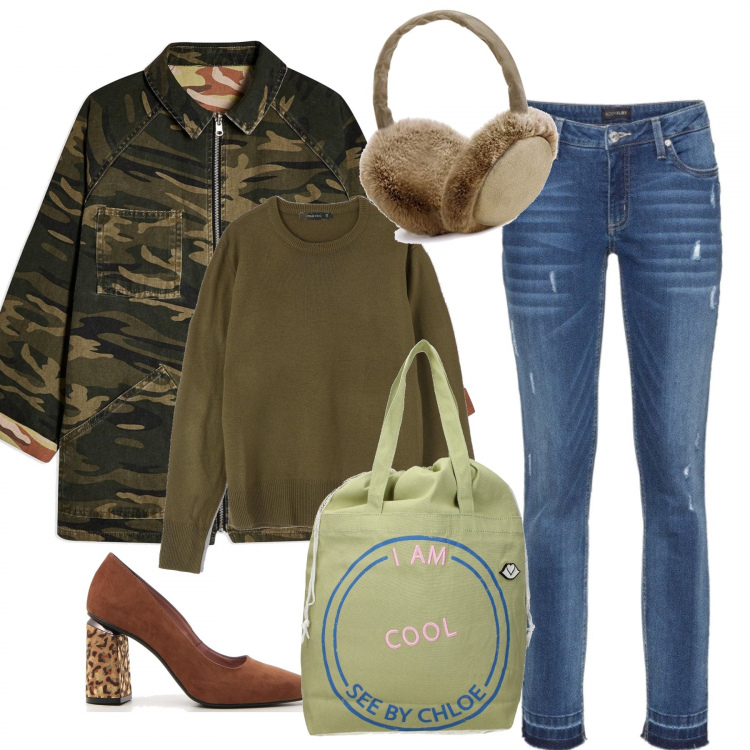Outfit donna - Casual ma con i tacchi. Stile Urban per Scuola/Università. Abbinamento con jeans skinny, giubbotto, maglia stile militare girocollo a maniche lunghe verde, borsa a mano, décolleté, giacca collo aperto.