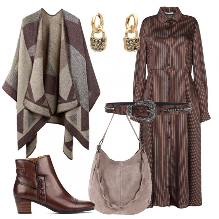 Outfit donna - Chemisier longuette. Stile Etnico per Tutti i giorni. Abbinamento con borse a mano, vestito longuette a righe collo classico a maniche lunghe interno sfoderato in raso, cintura con strass fantasia multicolore con fibbia, orecchini, sciarpa, stivali.