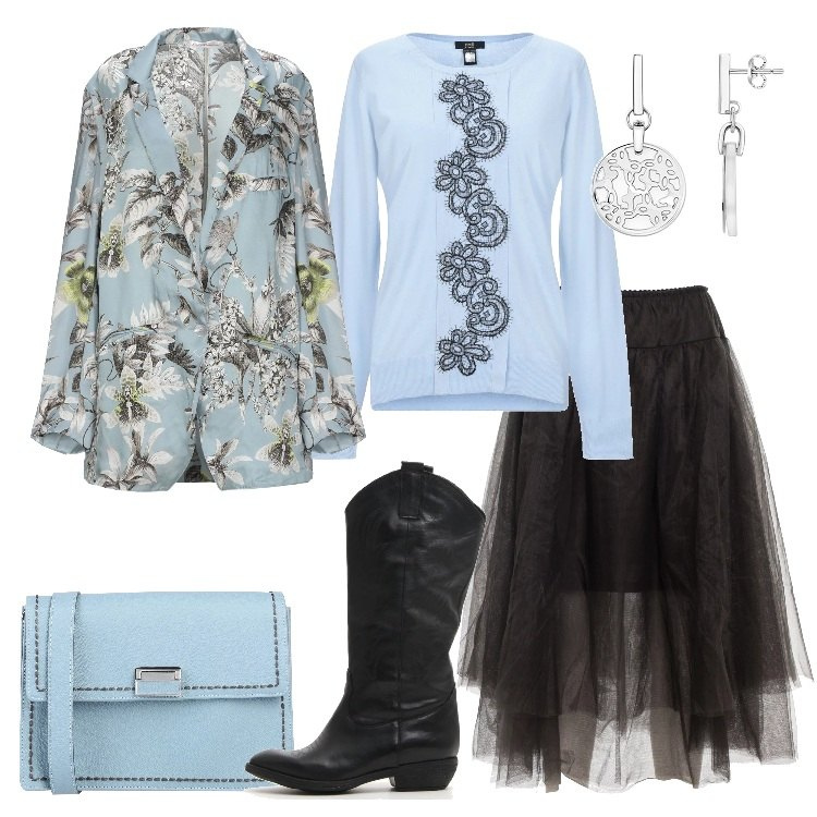 Outfit donna - Giambattista Valli Inspo. Stile Trendy per Tutti i giorni. Abbinamento con pullovers, giacca, borsa a tracolla con stampa taglia media a scatto interno foderato tinta unita, gonna nero, stivali, orecchini.