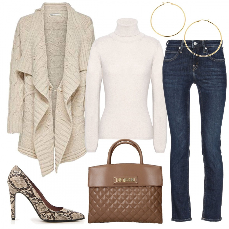 Outfit donna - In jeans e décolleté pitonate. Stile Trendy per Ufficio. Abbinamento con jeans delavé con zip e bottoni, pullovers, borsa a mano, cardigan, décolleté con stampa e tacco alto, orecchini.