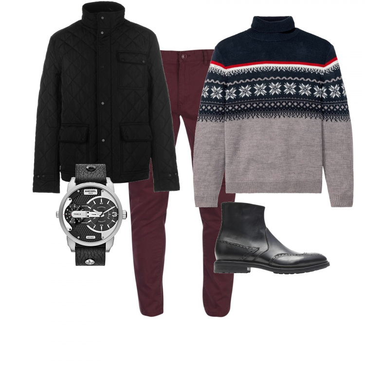 Outfit uomo - Colazione al bar. Stile Urban per Tutti i giorni. Abbinamento con maglieria, stivaletti, giacca, pantaloni, orologi.