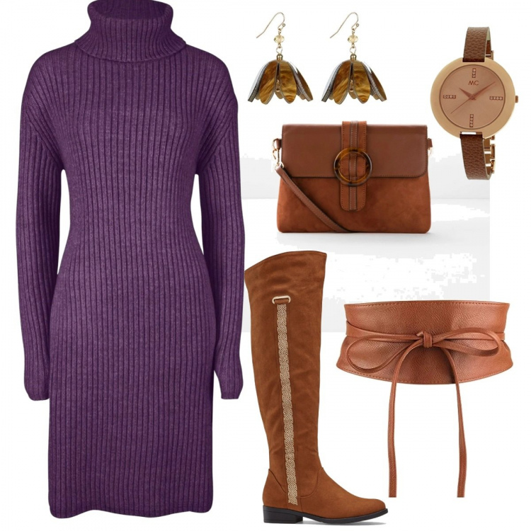 Outfit donna - Abito maglia longuette. Stile Basic per Tutti i giorni. Abbinamento con vestito collo alto in in maglia viola, borse a tracolla, stivali con strass e zip marrone, cintura con fusciacca in pelle sintetica taglia unica, orecchini, orologi.