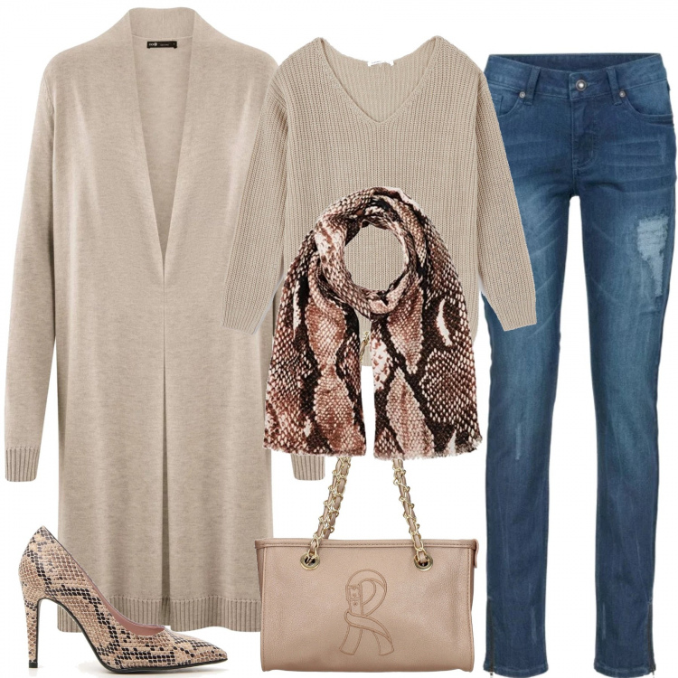 Outfit donna - Jeans, decollete\' e twin set. Stile Trendy per Tutti i giorni. Abbinamento con vestiti, maglione melange beige, borse a spalla, cardigans, décolleté, sciarpe.