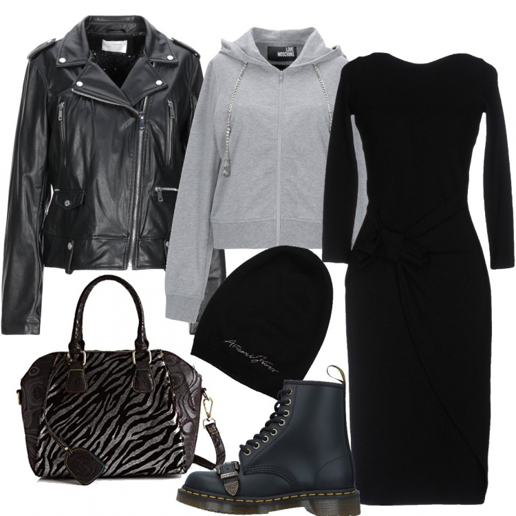 Outfit donna - Urban con il vestito longuette nero. Stile Urban per Tutti i giorni. Abbinamento con stivaletti, vestito con fiocco petite con arricciature a maniche lunghe interno sfoderato crêpe, giubbotto collo con revers a maniche lunghe con zip interno foderato in pelle sintetica tinta unita, felpa con cappuccio, cappello, borse a mano.