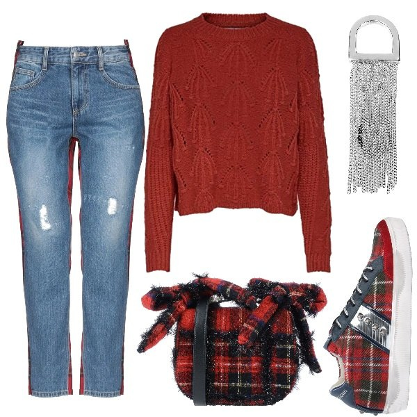 Outfit donna - Tartan. Stile Basic per Tutti i giorni. Abbinamento con jeans, sneakers, borsa a tracolla mini contrasto con perline interno foderato, anello, felpe.